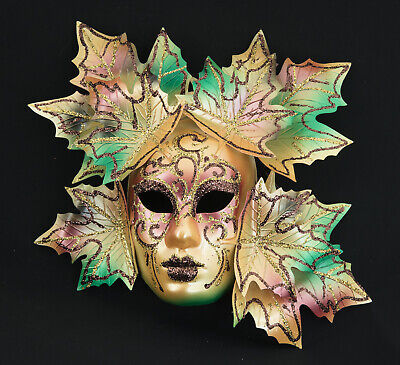 Mask from Venice Miniature Face Magnolia Leaves - Golden And Green Antique 175
