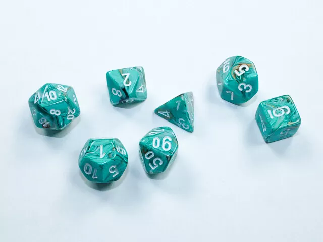 Chessex Dice Sets: Marble Mini-Polyhedral Oxi-Copper™ / white 7-Die Set