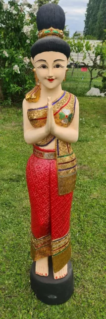 Thailand Sawasdee Lady, Thai Skulptur,Holz Figur, H 166 cm, Statue,Willkommen 2