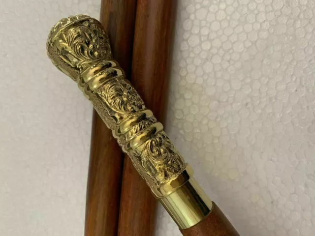 Vintage Antique Walking Cane Wooden Walking Stick Silver Brass Handle Knob Gift