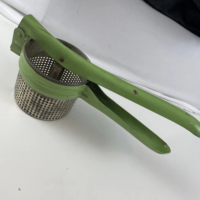 Vintage Farmhouse Metal Potato Ricer Masher with Green Handles VINTAGE