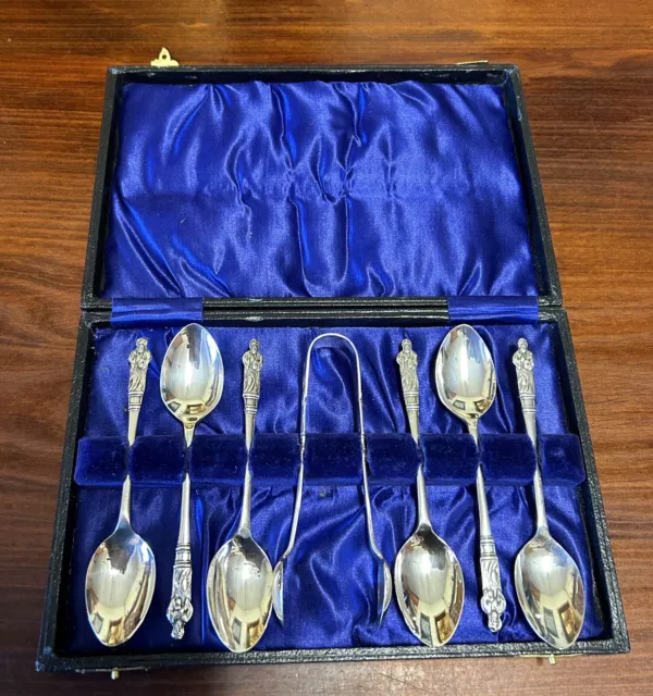 Vintage Boxed Set Of 6 Apostle Spoons & Matching Sugar Nips EPNS