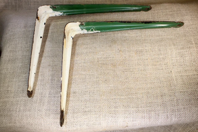 2 Shelf Support Brackets 8 X 10" White Green Industrial Old Vintage Steel Rustic