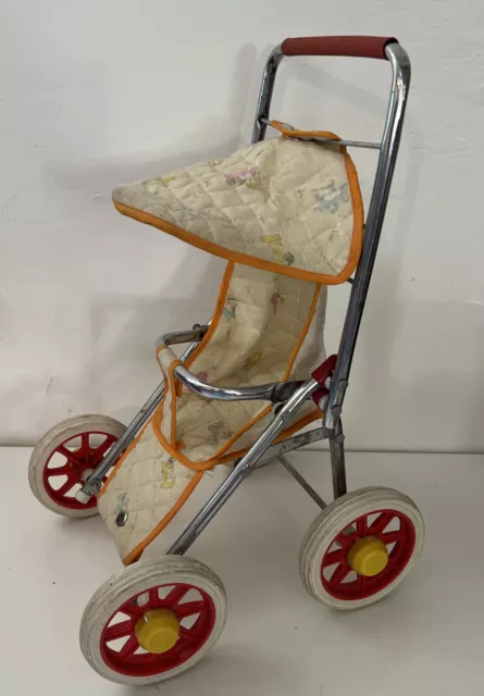 Vintage 15” Doll Stroller Rubber Wheels Collapsible Quilted For 8”-10” Doll Plus