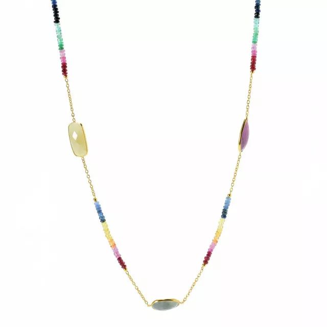 Meher's Jewelry 36" Multi Sapphire & Shape Gemstone Beaded 925 Silver Necklace