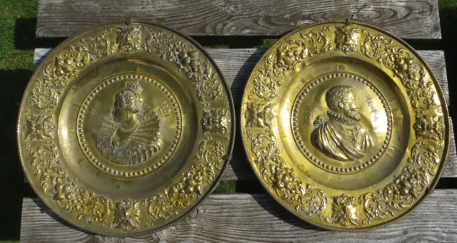 A Pair of Large Brass French Wall Plaques - Henry IV & Marie de Medici 1601 59cm