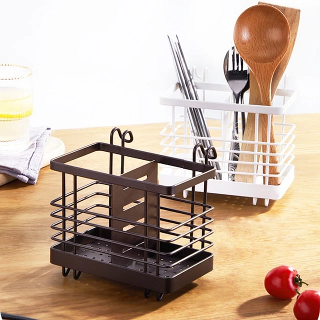 Porte Ustensiles de Cuisine Inox, Panier à Couvert Mural de Cuisine avec Base Détachable pour Couteaux Fourchettes Cuillères, Support de Rangement de Cuisine pour Couverts(Grand noir