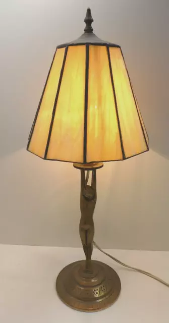 Art Deco Brass Diana Naked Lady Statue Lamp Leadlight Slag Glass Lightshade 2