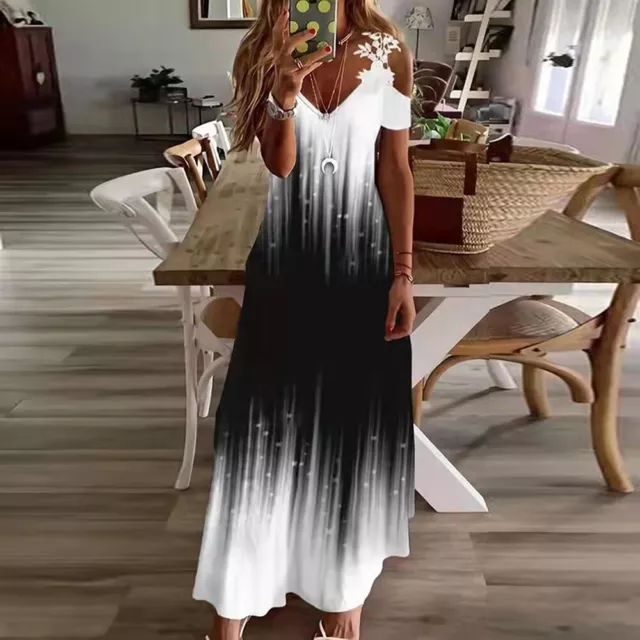 Womens Floral Boho Cold Shoulder Maxi Long Dress Ladies Holiday Beach Sundress