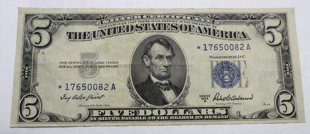 1953 A $5 Silver Certificate Star Note Replacement Note in VF+ Condition  (104)