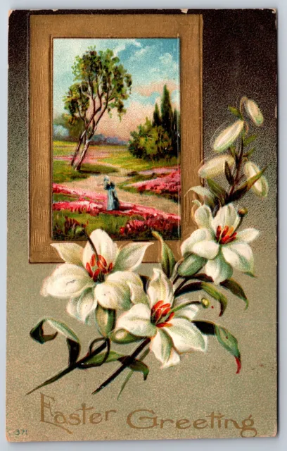 Holiday~Easter Greeting~Path W/ Flowers Scene~PM 1911~Embossed~Vintage Postcard