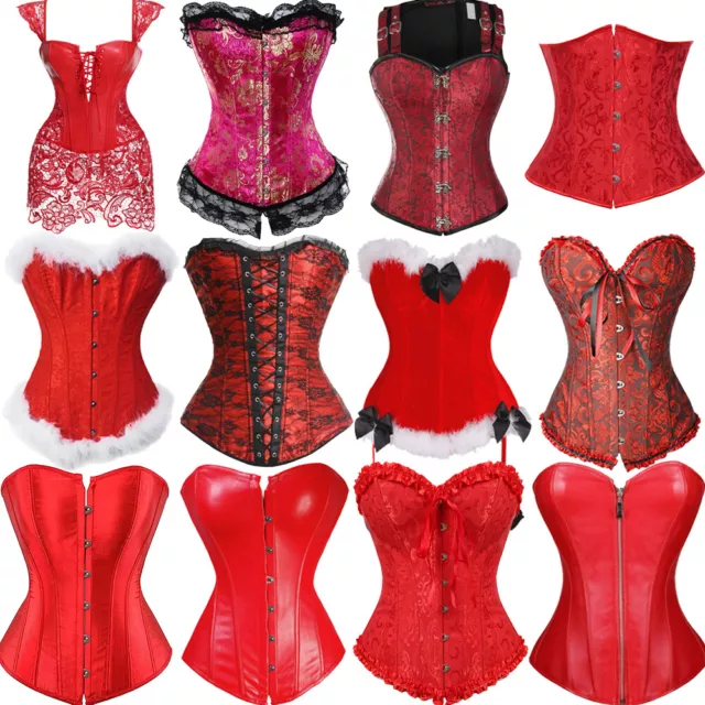 Women Sexy Red Boned Corset Burlesque Basque Top Lace-Up Costume Shaper S-6XL