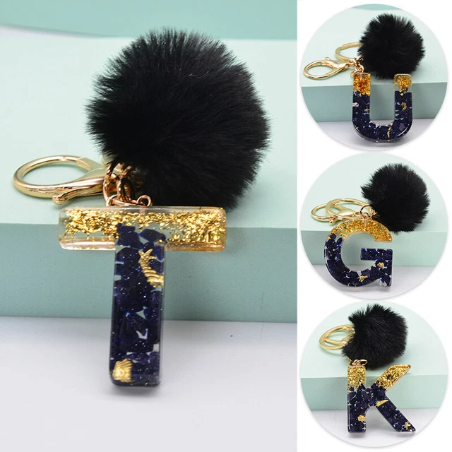 Unisex Faux Fur Ball Pom Pom Key Chain Bag Pendant 26 Letters A-Z Key Ring Charm