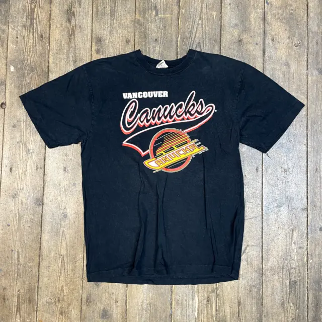 Vintage NHL Graphic T-Shirt Vancouver Canucks 90s Tee Black Mens Large