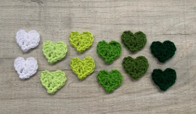12 Handmade Crochet Green Hearts Applique,Embellishment,Motif,Sewing