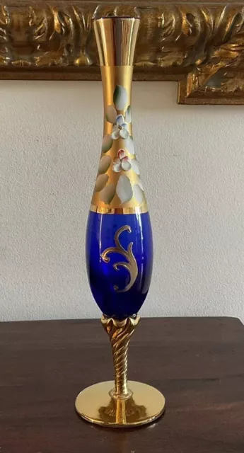 Beautiful Vintage Murano Cobalt Blue Gold Gifted, Hand Painted Vase - 1970s