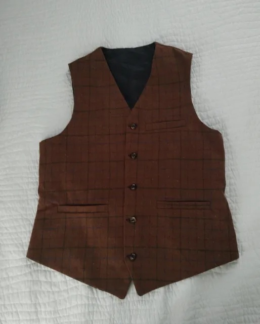 Men Plaid Size Small Waistcoat Tweed Vest Checkered Wedding Vintage Wool Brown