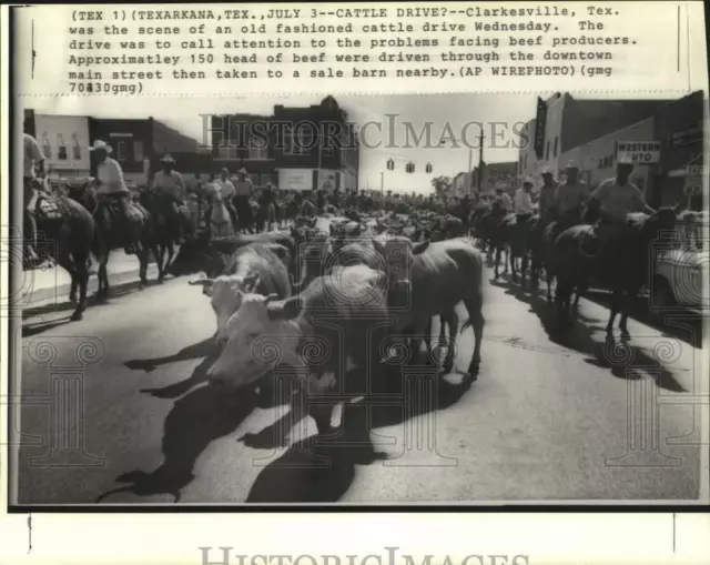 1974 Press Photo Scene of an old fashioned cattle drive in Clarkesville, Texas
