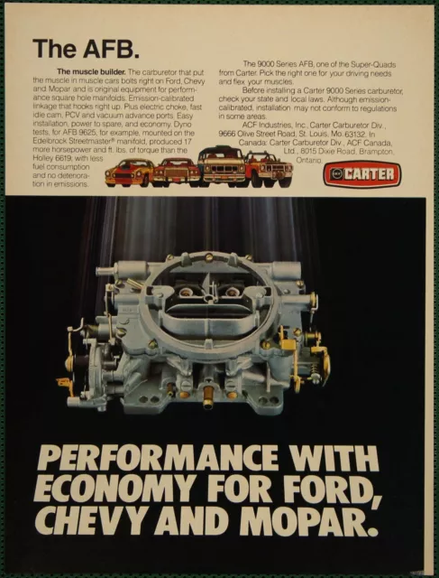 Carter 9000 Series AFB Super Quad Carburetor Ford Chevy Vintage Print Ad 1979