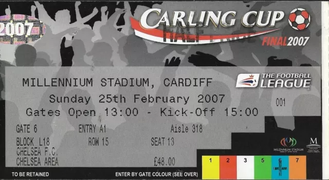 Chelsea v Arsenal Ticket Stub. Carling Cup Final 2007. 2007/2008