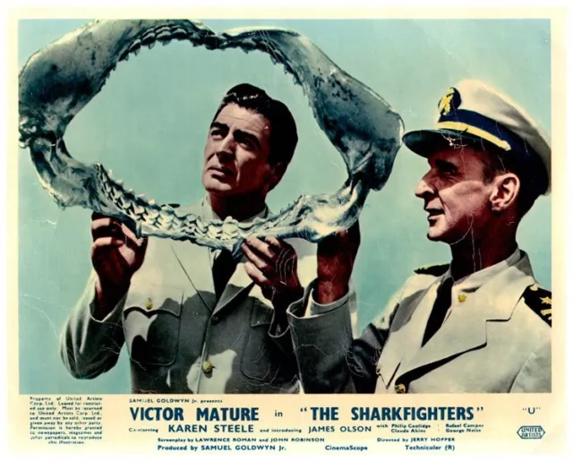 The Sharkfighters Original Lobby Card 1956 Victor Mature hold shark's jaws