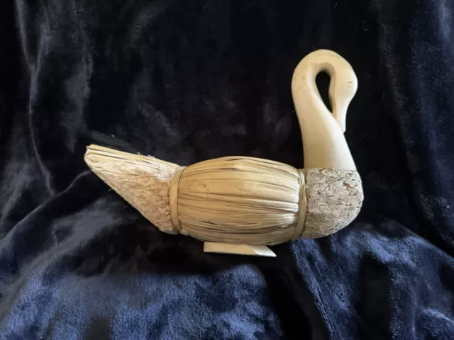 Vintage Corn Husk, Reed, Swan Duck Decoy, Hand Carved Wooden Head