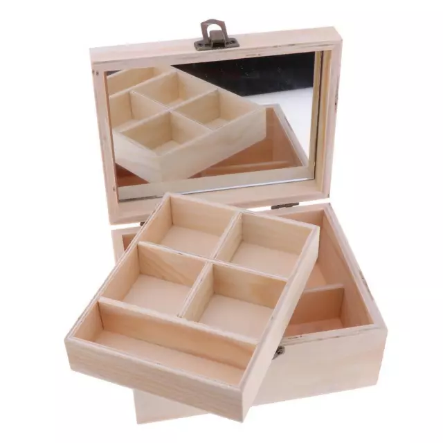 Natural Plain Wooden Jewellery Decoupage Box Mirror 9 Comapartments and Tray