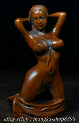 6" Old Chinese Boxwood Hand-carved Feng Shui Beautiful Woman Big boobs Statue