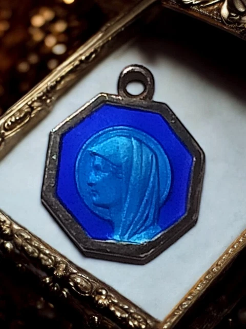 Pendentif Médaille Ancien En Argent Massif 925 - Vierge Religieuse Avec émaux Bleus - Pièce D'occasion Portée
