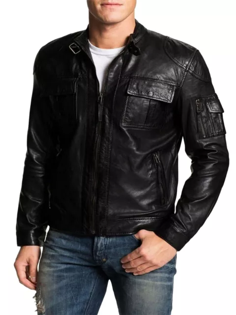 New Mens Leather Jacket Slim Fit Biker Motorcycle Genuine Leather Coat  - MJA046