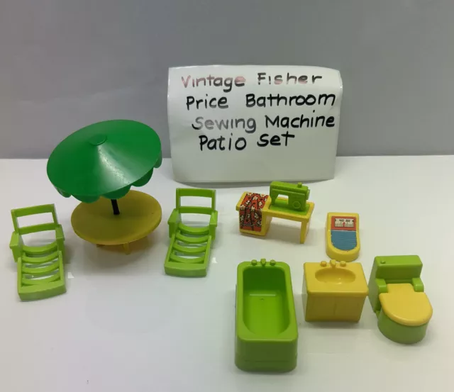 VINTAGE Fisher Price Little People Bathroom, Scale, Sewing Machine & Patio Set