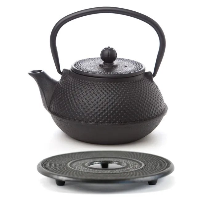 AVANTI Large Cast Iron Tea Pot 600ml Fine Hobnail Black BONUS TRIVET!