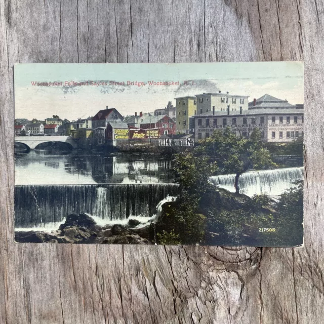 Antique 1915 Color Post Card Woonsocket Falls Bridge R.I. MOXIE Soda Advertising