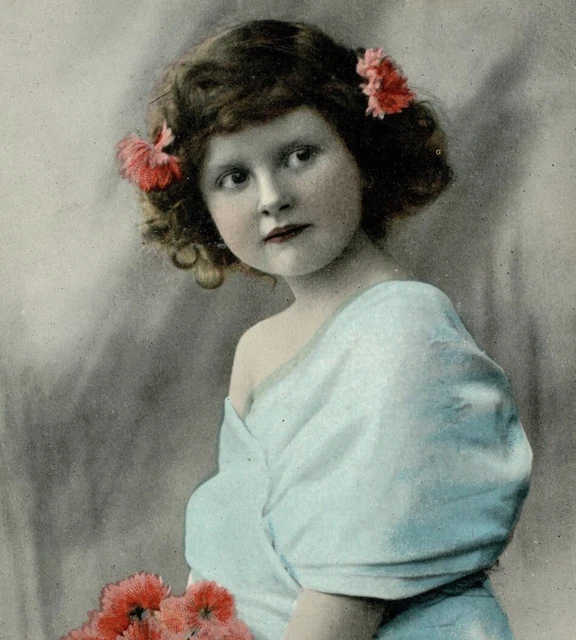 ANTIQUE BIRTHDAY CARD postcard young girl Art Nouveau vase of flowers