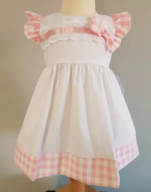 Baby girls spanish traditional style summer dress white, pink gingham 3-6months