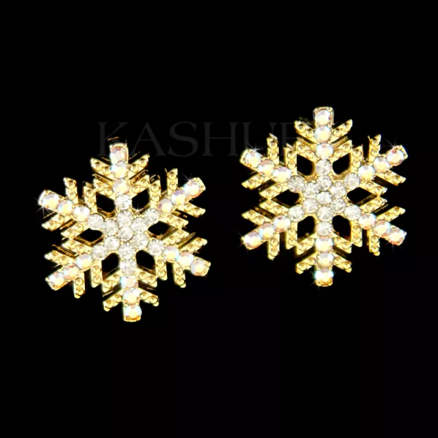 ~SNOWFLAKE~ made with Swarovski Crystal XMAS Holiday Earrings Gold Tone Jewelry