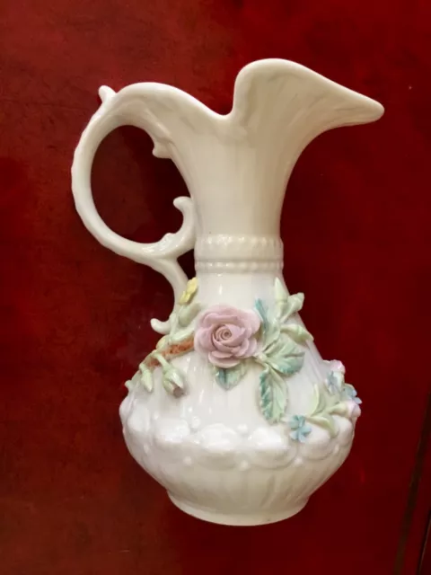 Irish Belleek Aberdeen Vase  Ewer Pitcher Ireland Raised Flowers