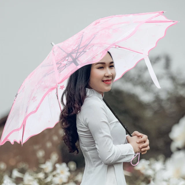 Parapluie Pliant Transparent Princesse Vikye - Motif Fleur De Cerisier Romantique Bleu