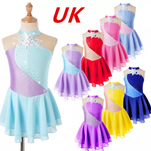 UK Kids Girls Rhinestone Ballet Dance Dress Sequins Ice Roller Skating Leotard