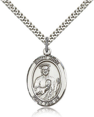Saint Jude Thaddeus Medal For Men - .925 Sterling Silver Necklace On 24 Chai...