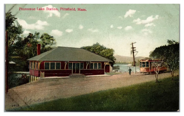 Pittsfield Pontoosuc Lake Station Berkshire Street Railway Trolley Postcard G2
