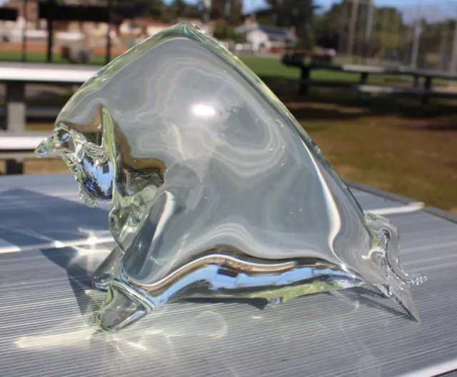 Large Hand Blown Solid Art Glass Charging Bull Animal Figurine Clear