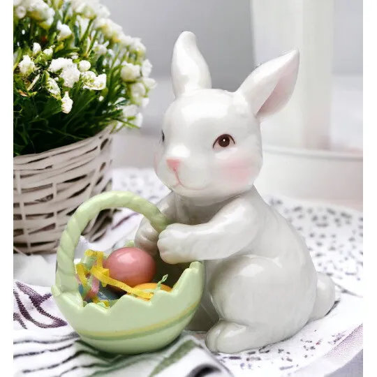 Springtime Bunnies Bunny Rabbit With Easter Egg Basket Figurine Ceramic Ornament