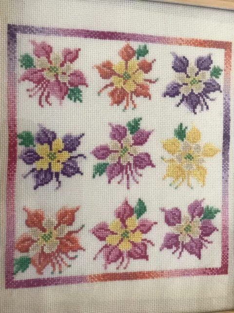 Finished framed pink purple yellow green cross stitch flower floral embroidery 2