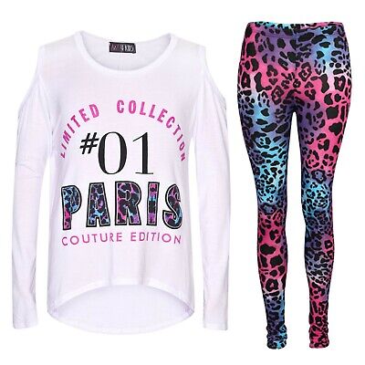 Girls Top #01 Paris Print White Top & Multi Leoaprd Legging Outfit Clothing Sets