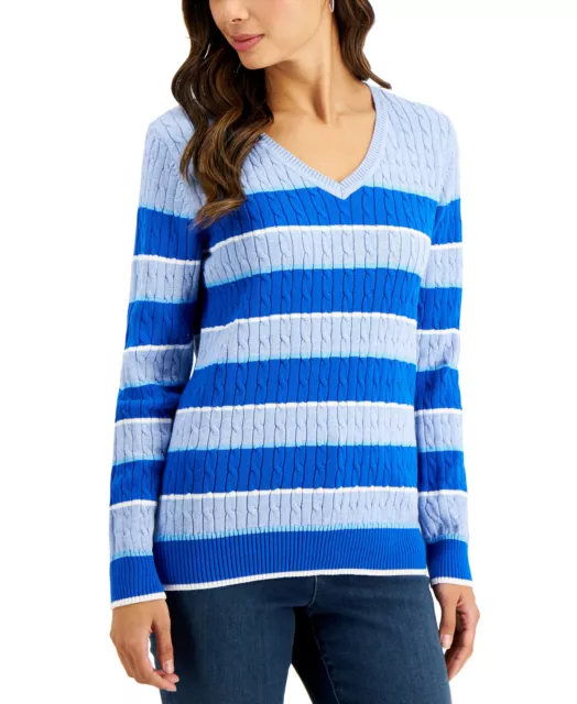 Karen Scott Women's Gianna Cotton Striped Cable V-Neck Sweater (XS, Blue Combo)