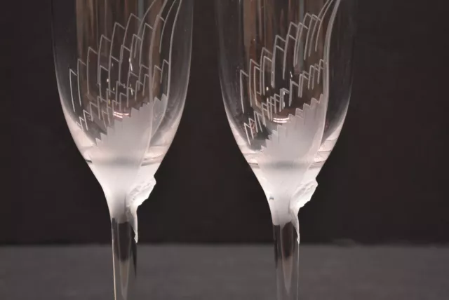 2 Lalique France Crystal "Ange de Reims" Angel Champagne Flutes Glasses 8" 3