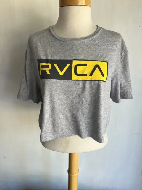 RVCA Official Women's Surf & Skate Gray Spell-Out Crop Top T-Shirt Size Large