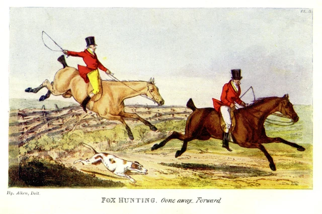 Fox Hunting Gone Away Forward, Fence Jumping, Horse Whip Hound Antique Print