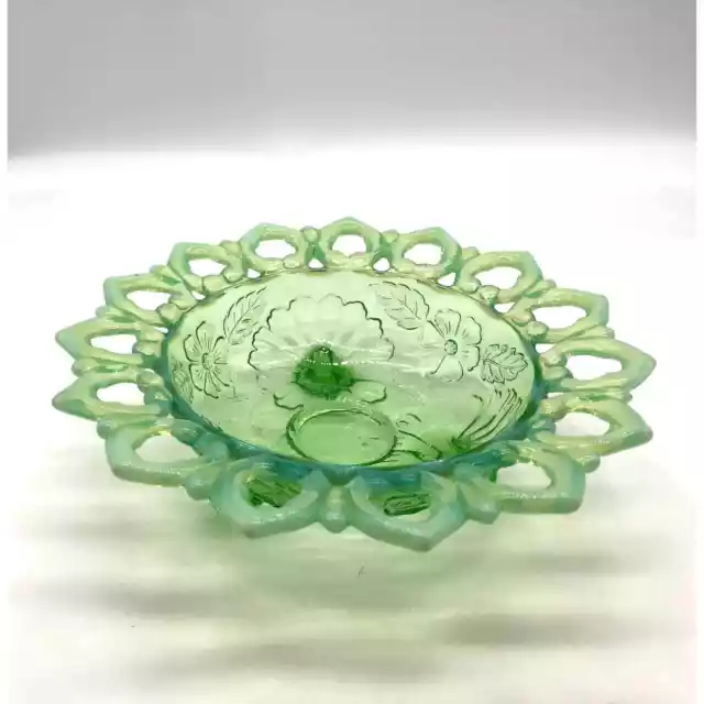 Northwood Green Opalescent Uranium Reticulated Candy Dish